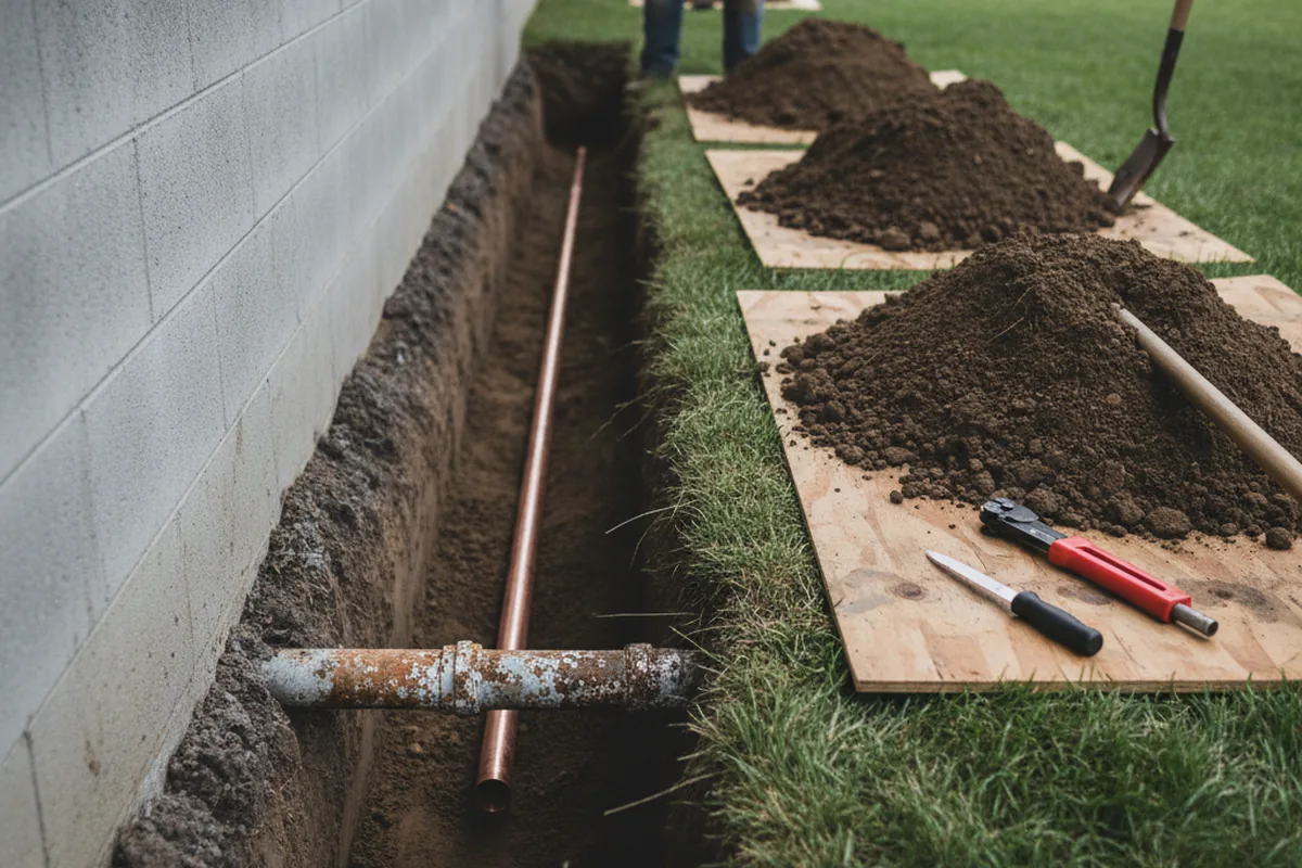 Excavated water line trench during Sewer Line Repair in Crescent City